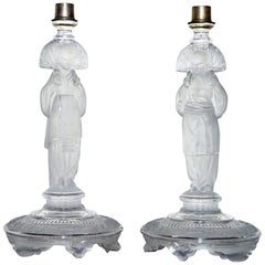 Rare Pair of Antique Glass 1920s Chinese Nobleman and Lady Candlestick Holders