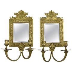 Pair of Antique Louis XIV Style Bronze Wall Sconces with Mirrors, 19th Century