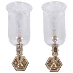Pair of British Colonial Style Brass Sconces with Glass Hurricane Shades