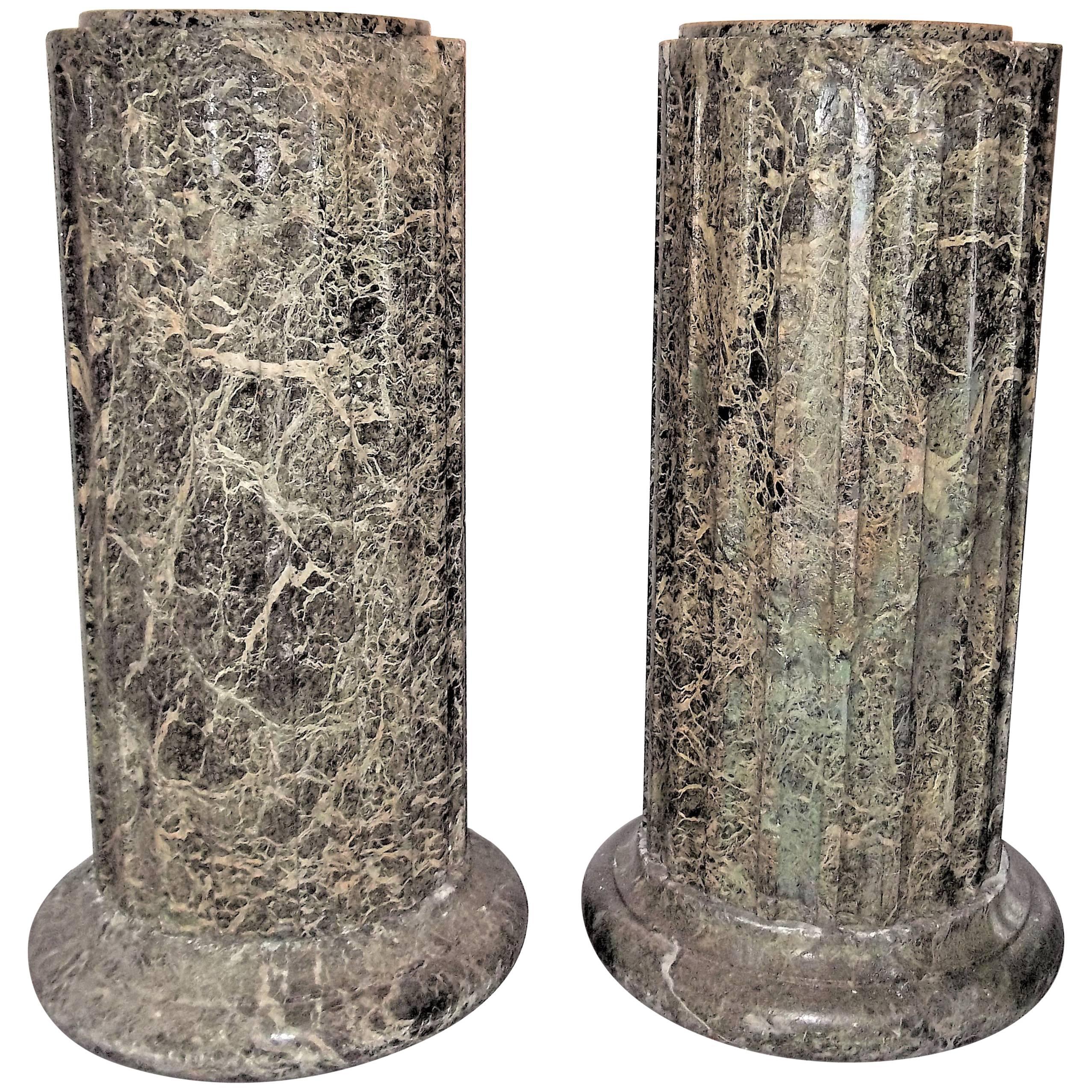Pair of Fluted Hand Hewn Verde Antico Marble Pedestals