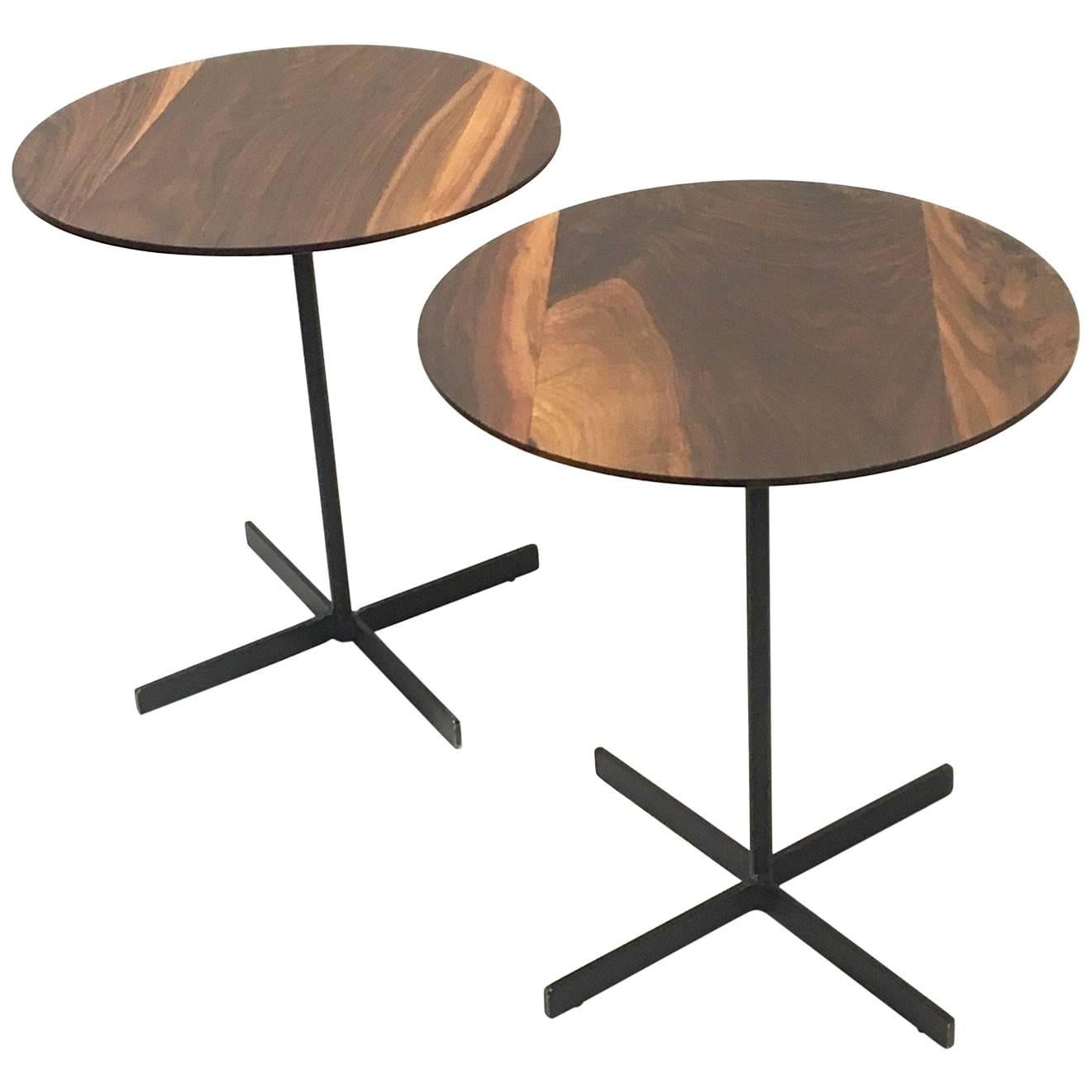 Pair of American Black Walnut Cocktail Tables with Iron Bases