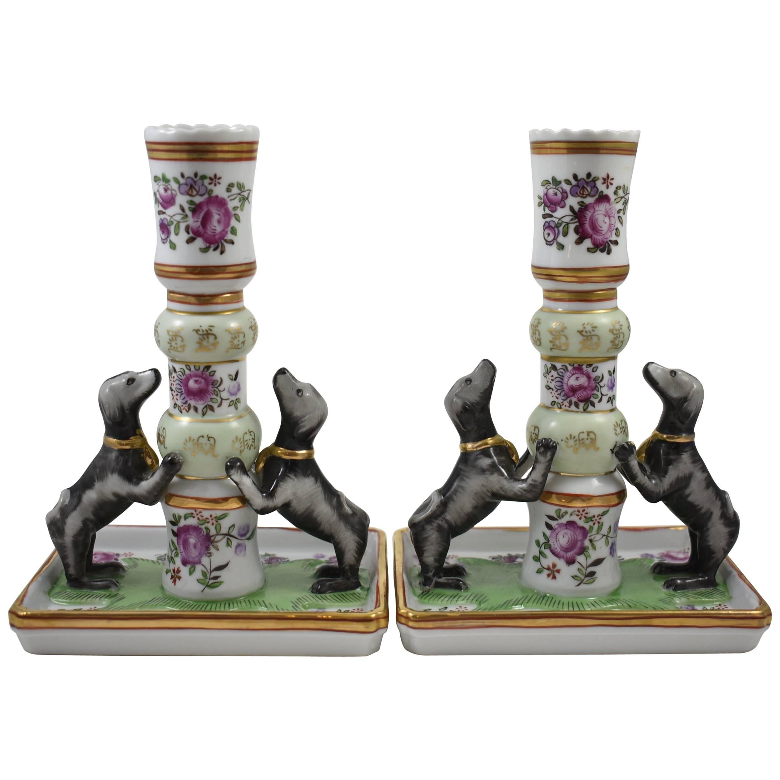 Pair of Handpainted Porcelain Rose Famille Candleholders with Dogs by Mottahedeh