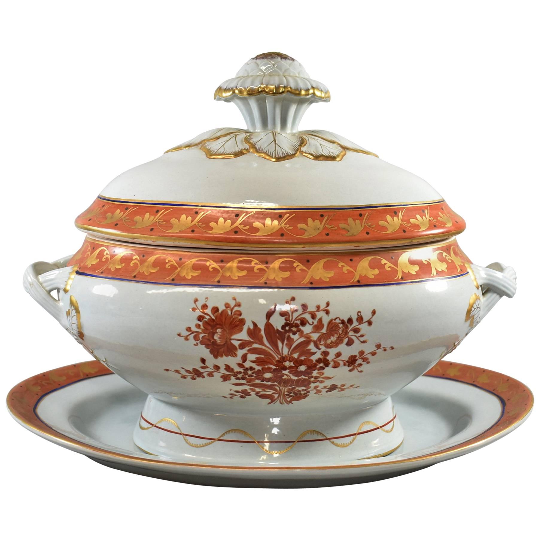 Italian Covered Soup Tureen and Underplate in Orange/Gold Chinese Bouquet Patter