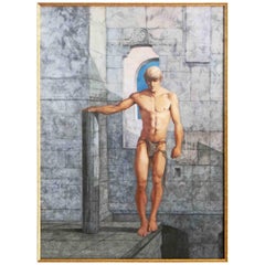 "Nude in Marble Hall, " Unusual, Early Watercolor with Male Nude by John Lear