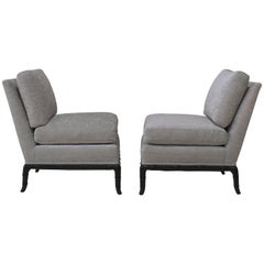 Pair of Slipper Chairs in Platinum Grey Velvet with Horn Shaped Faux Bamboo Base