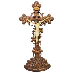 European Highly Carved Walnut Altar Crucifix