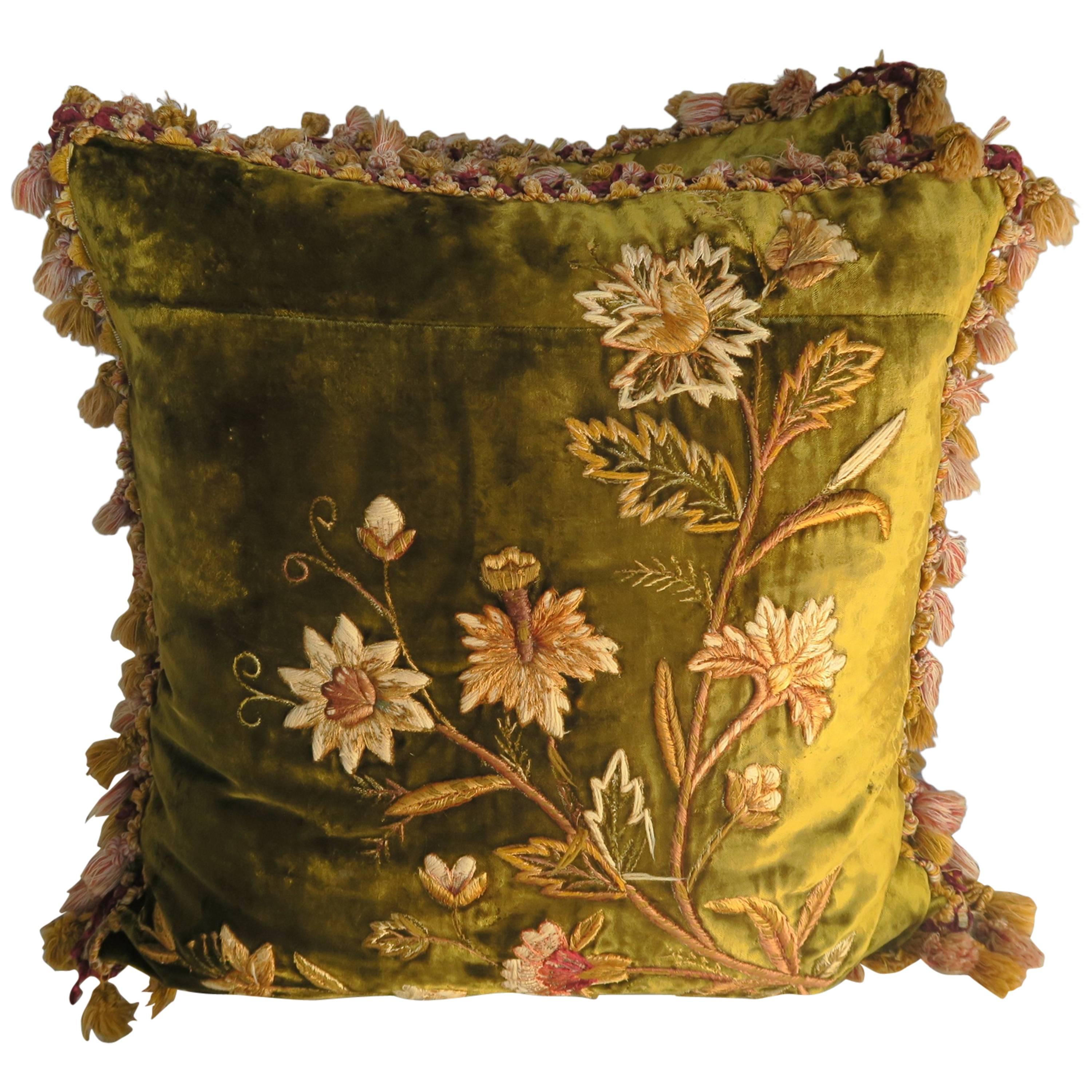 Antique Silk Velvet Embroidered Pillows, Pair