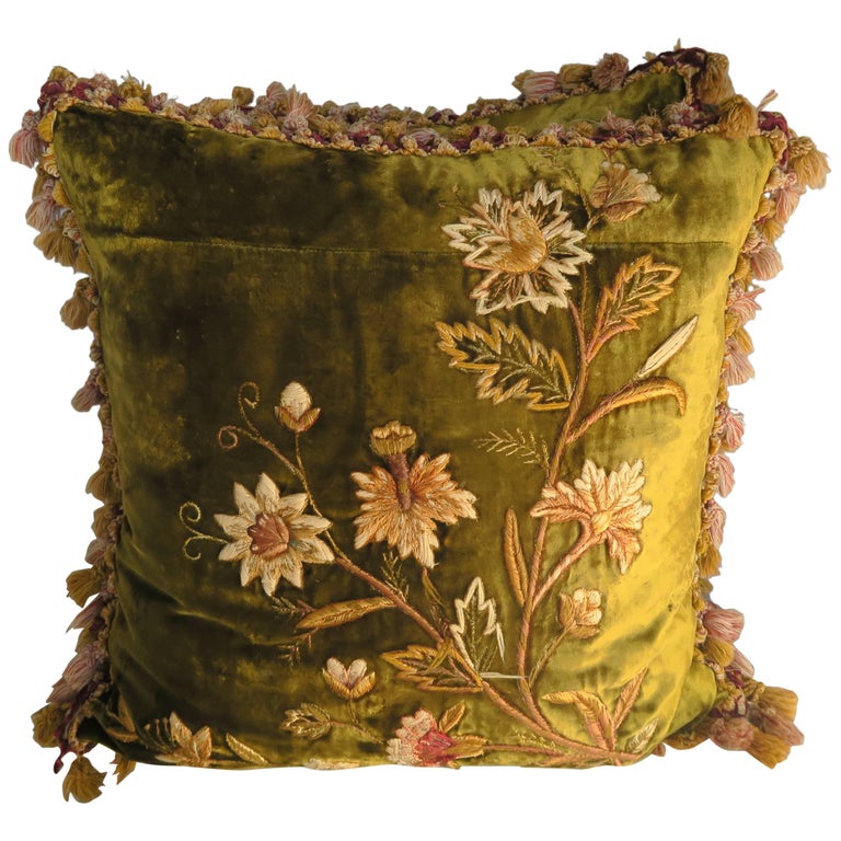 Antique Silk Velvet Embroidered Pillows, Pair at 1stDibs