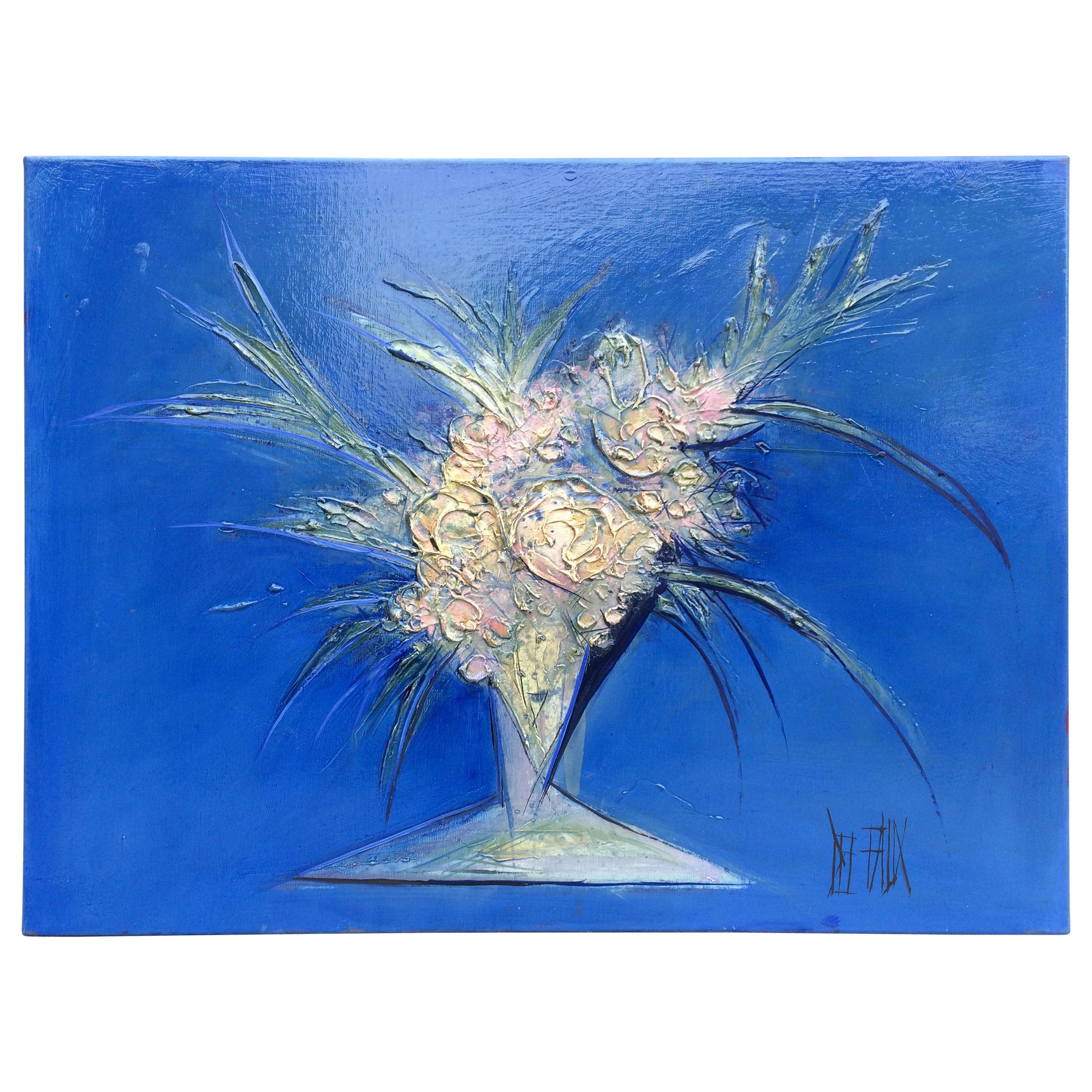 Modern Blue Handmade Painting Bouquet De Fleurs, 2007, Signed from France For Sale
