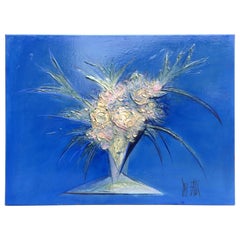 Modern Blue Handmade Painting Bouquet De Fleurs, 2007, Signed from France