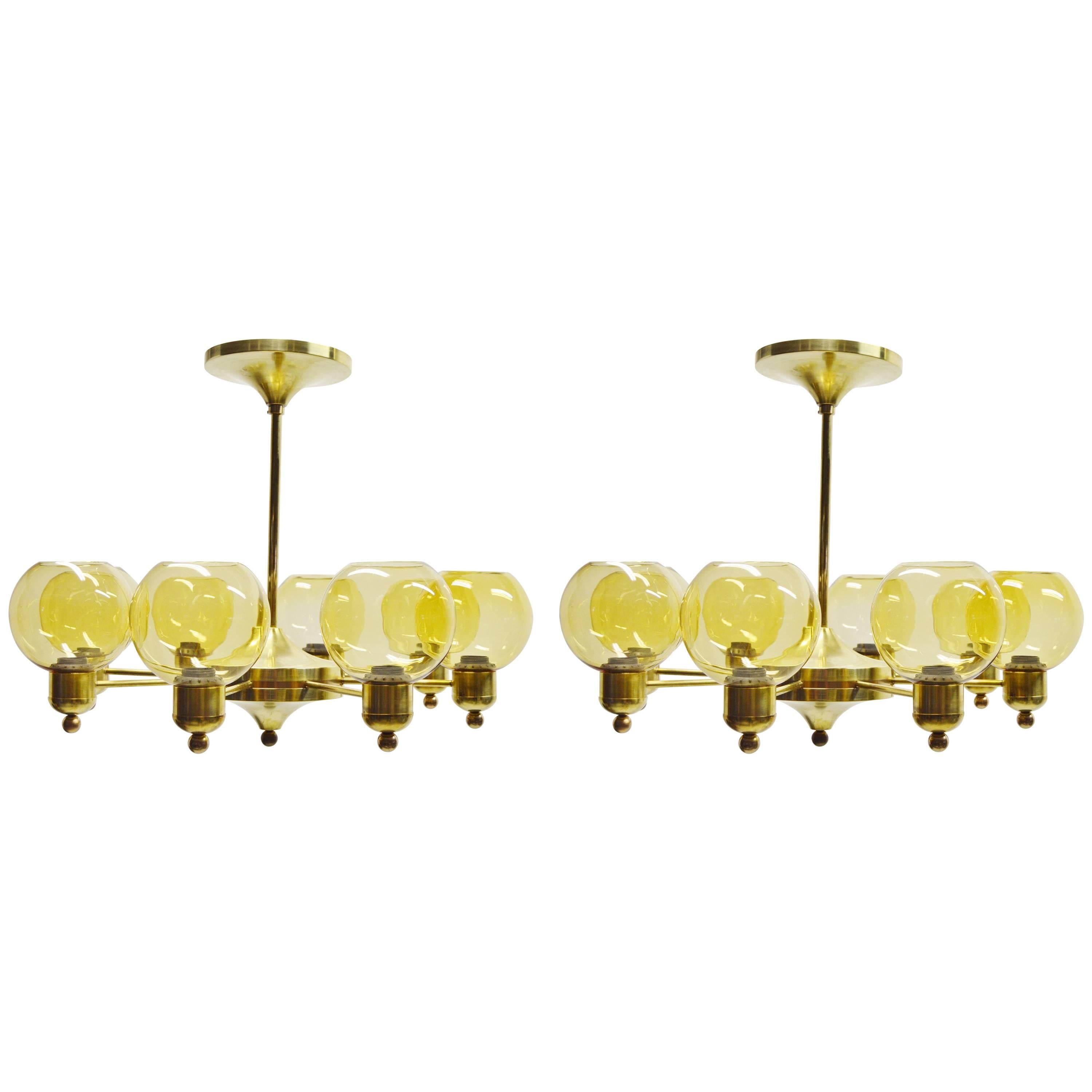 Large Pair of Brass Chandeliers of Unknown Design, circa 1960 For Sale