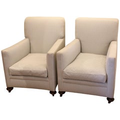 Pair of Edwardian Club Armchairs in a Grey Green Gingham Fabric