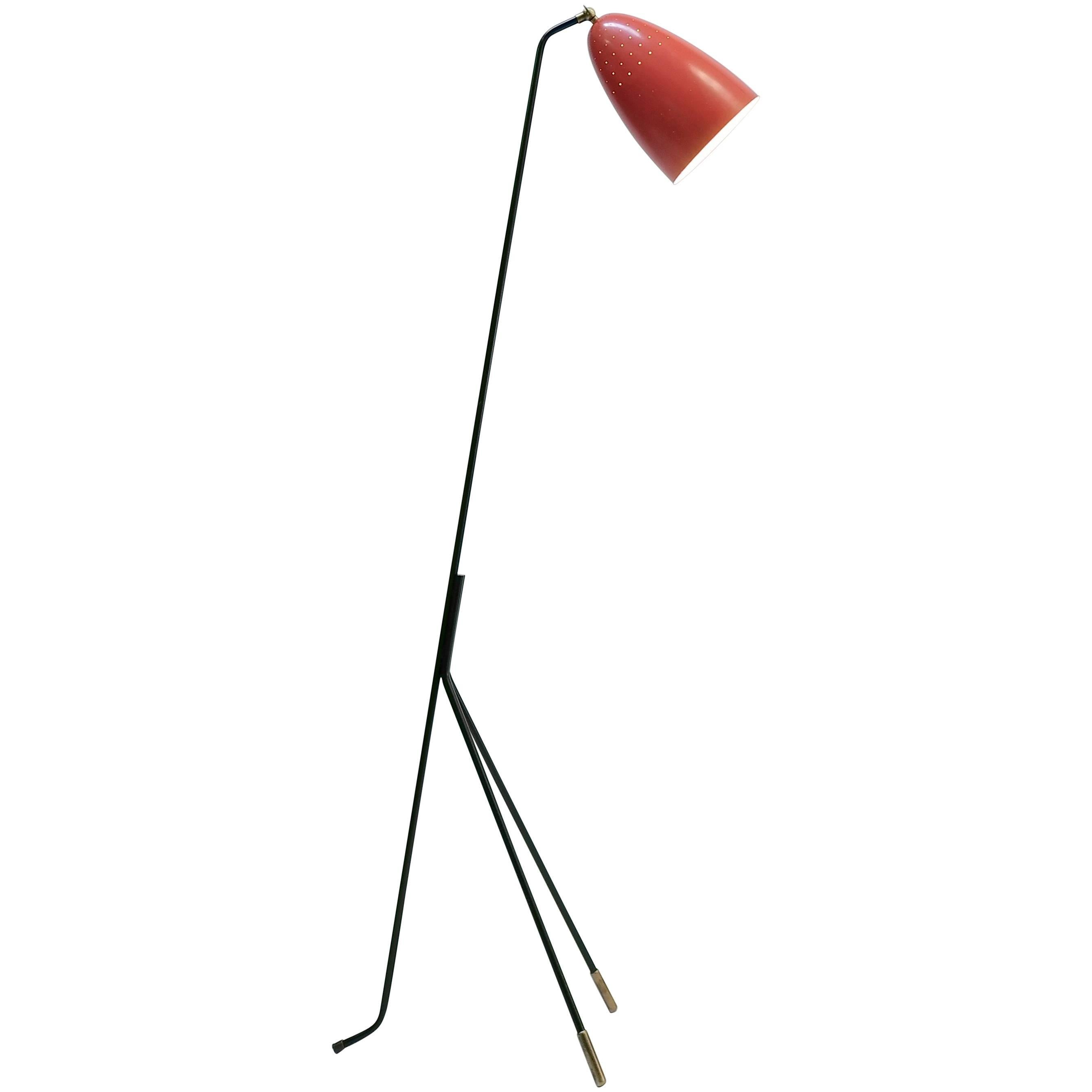 Red Grasshopper Floor Lamp by Svend Aage Holm Sorensen, Denmark, 1950s For Sale