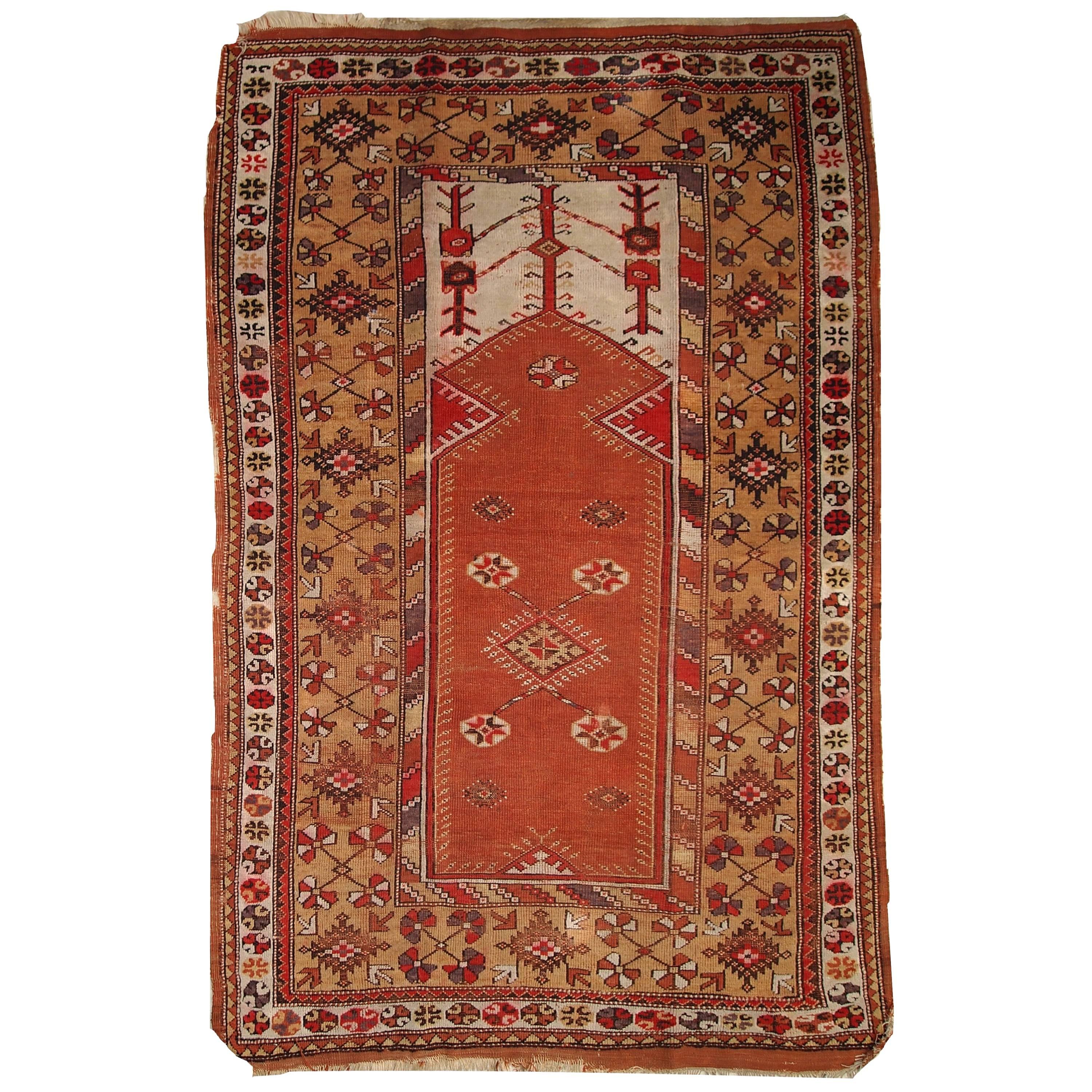 Handmade Antique Prayer Turkish Melas Rug, 1920s, 1C316