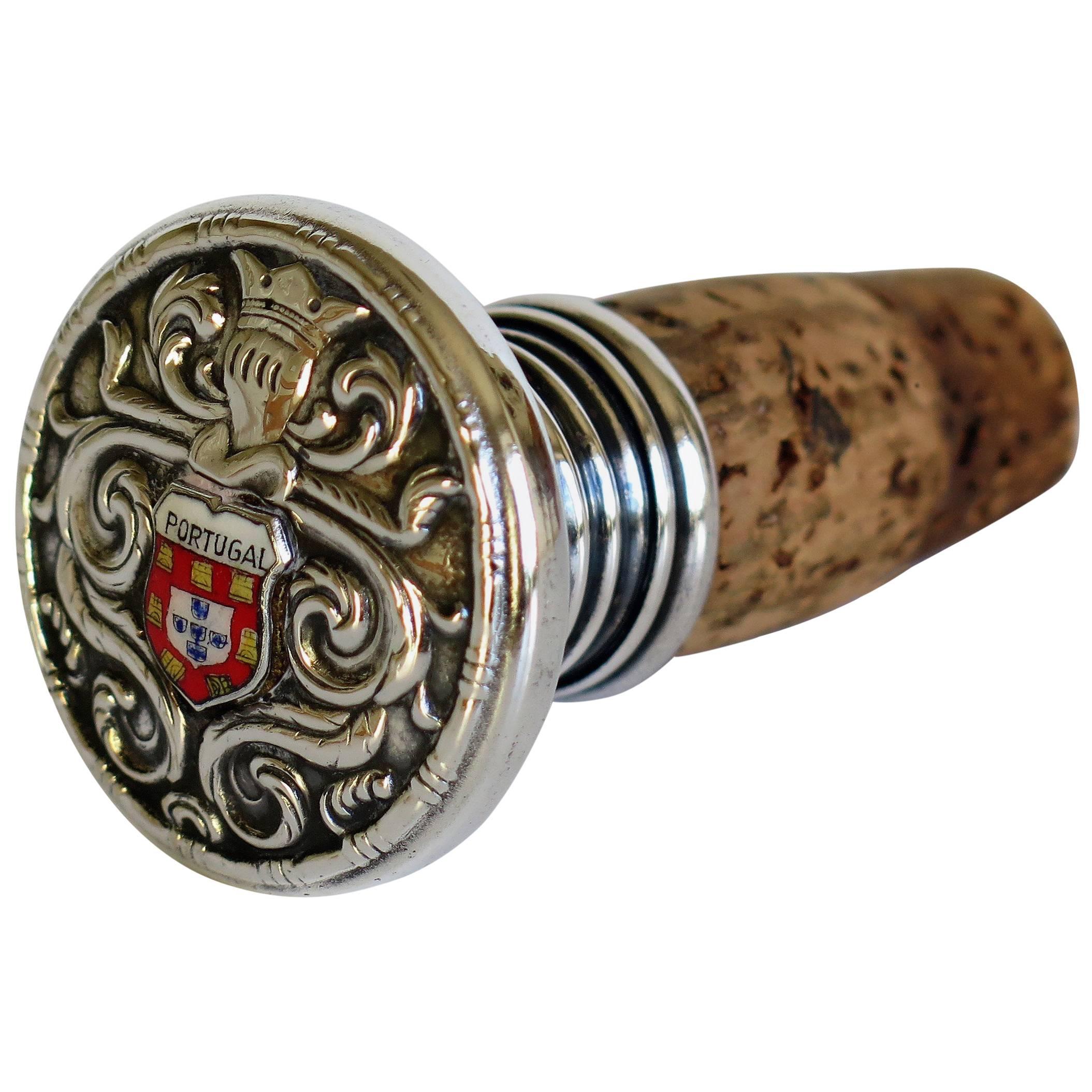 Silver Wine Bottle Stopper with Portugal Coat of Arms and Cork Stopper