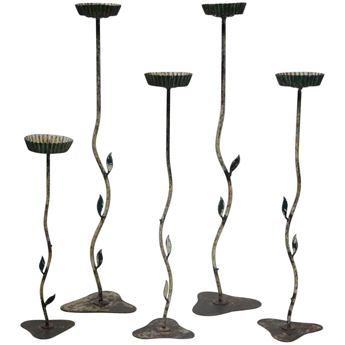 Set of Five Tall Folk-Art Candleholders, France, circa 1950s For Sale