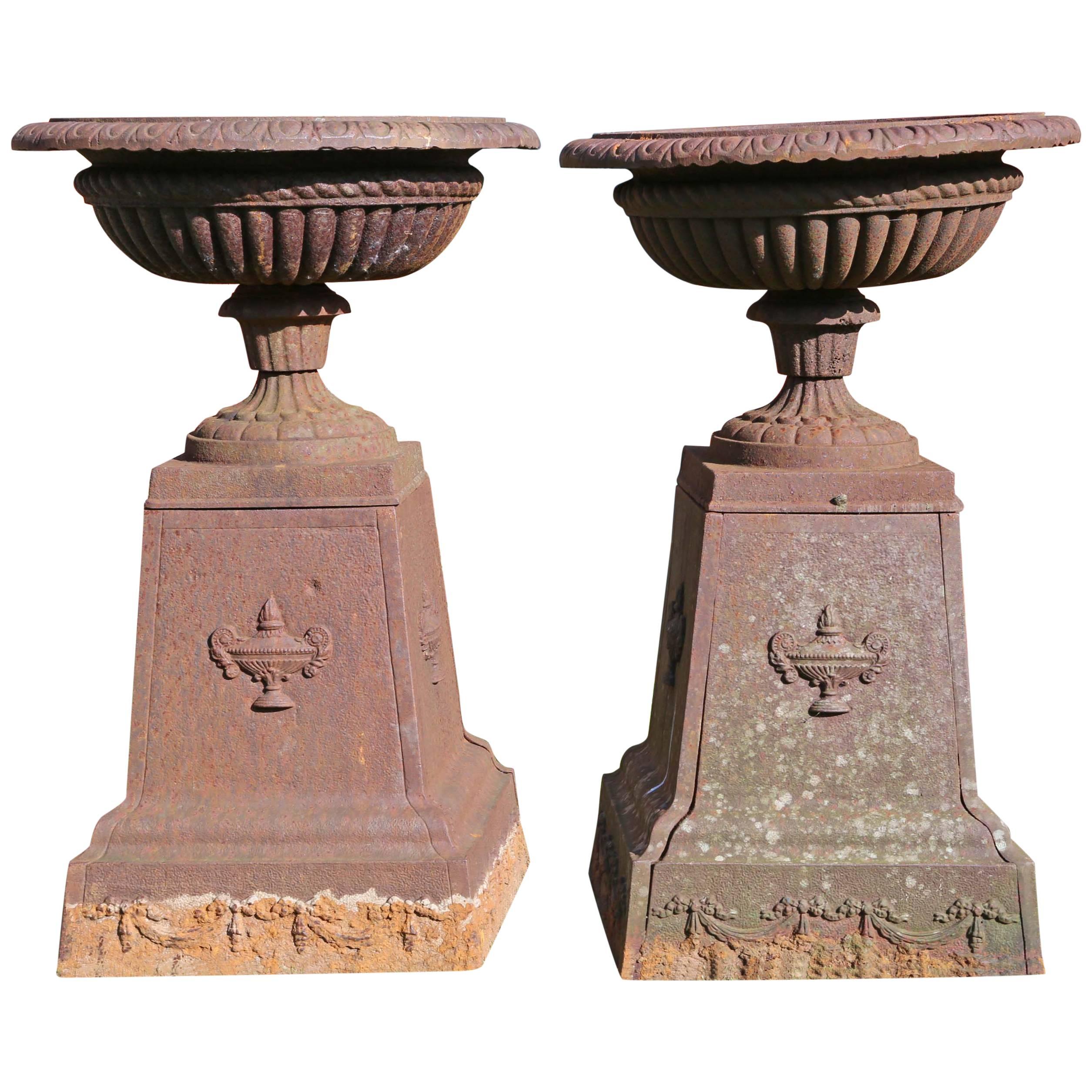 Large Antique Pair of Victorian Cast Iron Planters Classical Urns on Plinths For Sale