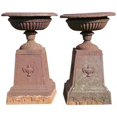 Large Antique Pair of Victorian Cast Iron Planters Classical Urns on Plinths