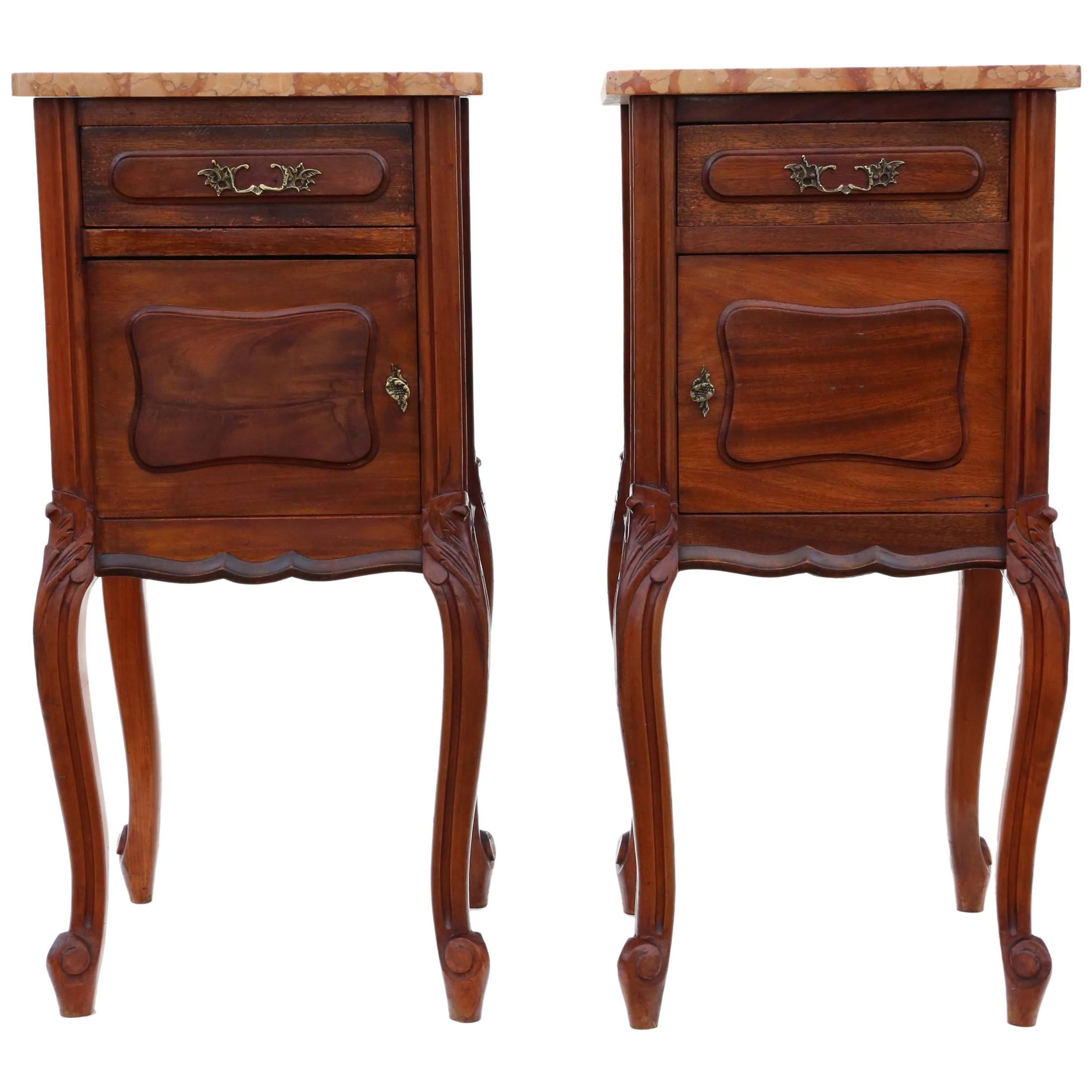 Antique Pair of French Walnut Marble Bedside Tables Cupboards Cabinets For Sale