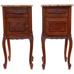 Antique Pair of French Walnut Marble Bedside Tables Cupboards Cabinets