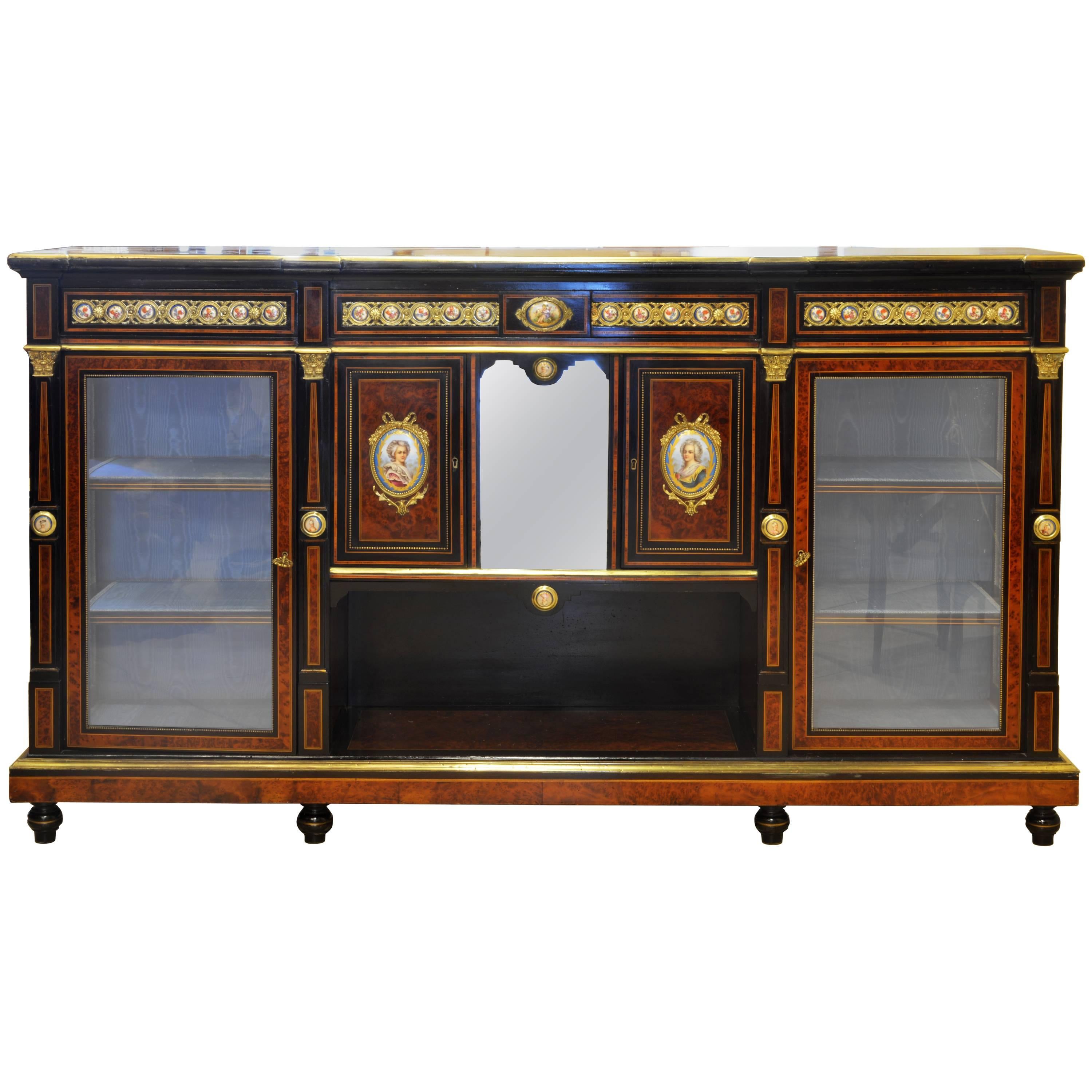 English 19th Cent. Ormolu and Sevres Plaque Mounted Inlaid Burl Walnut Credenza