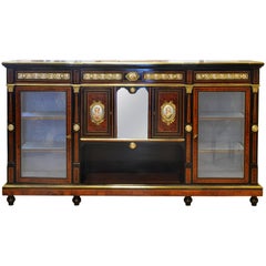 Antique English 19th Cent. Ormolu and Sevres Plaque Mounted Inlaid Burl Walnut Credenza