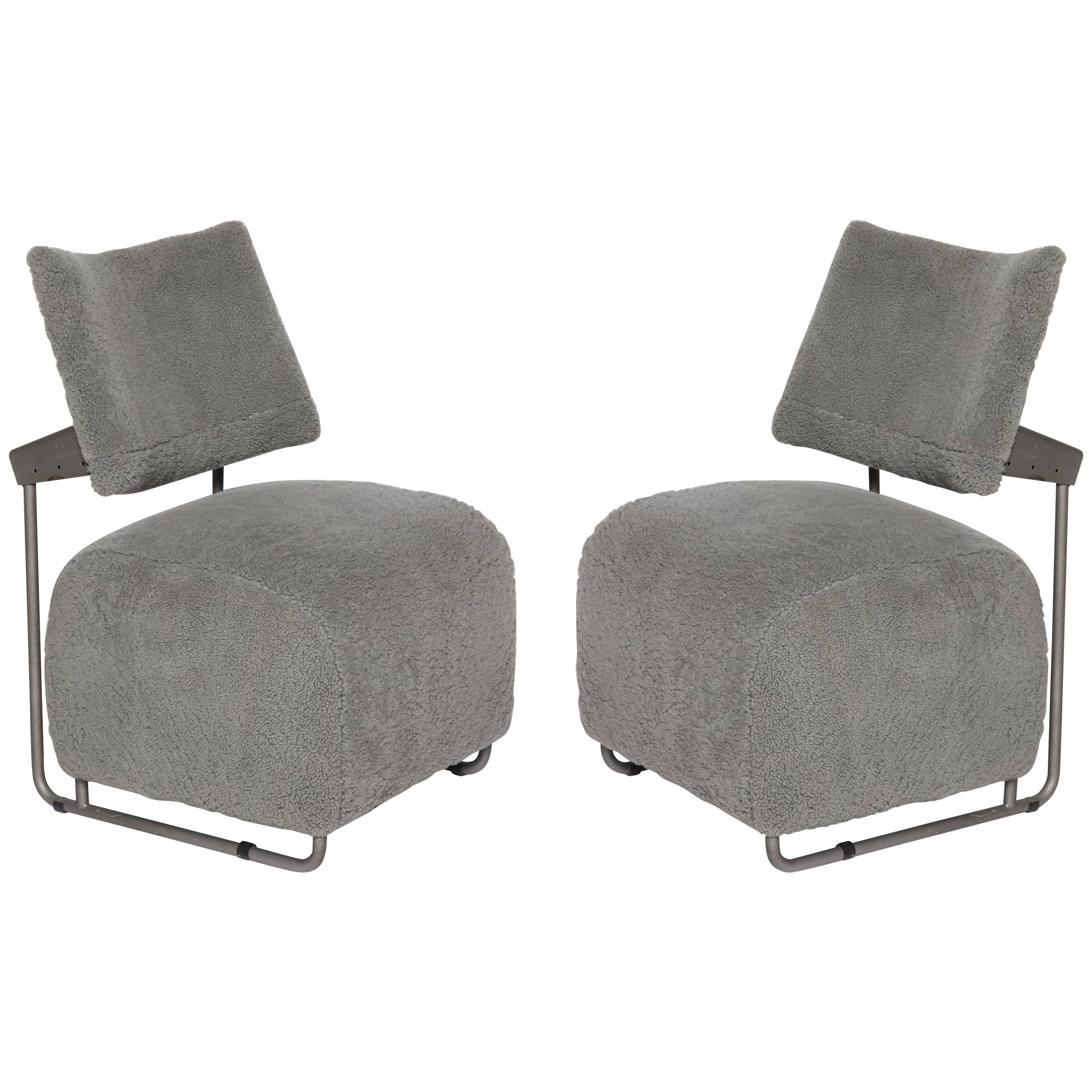 Harri Kohonen Oscar Pair of Grey Shearling Metal Chairs Postmodern, Finland