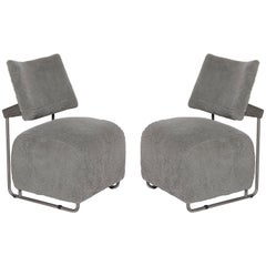 Harri Kohonen Oscar Pair of Grey Shearling Metal Chairs Postmodern, Finland