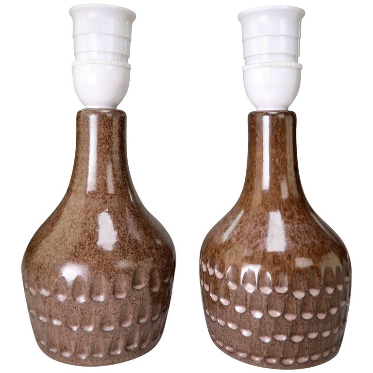 Set of Small Danish Rose Brown Glazed Ceramic Table Lamps For Sale at