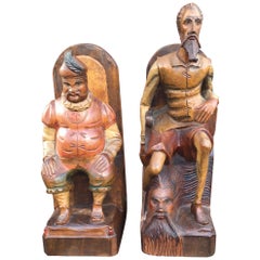 Large Hand-Carved & Painted Wooden Don Quixote and Sancho Panza Bookends