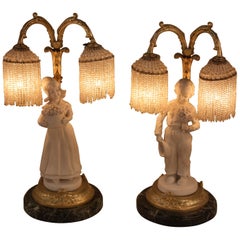Pair of French 1920s Bisque and Beaded Glass Table Lamps