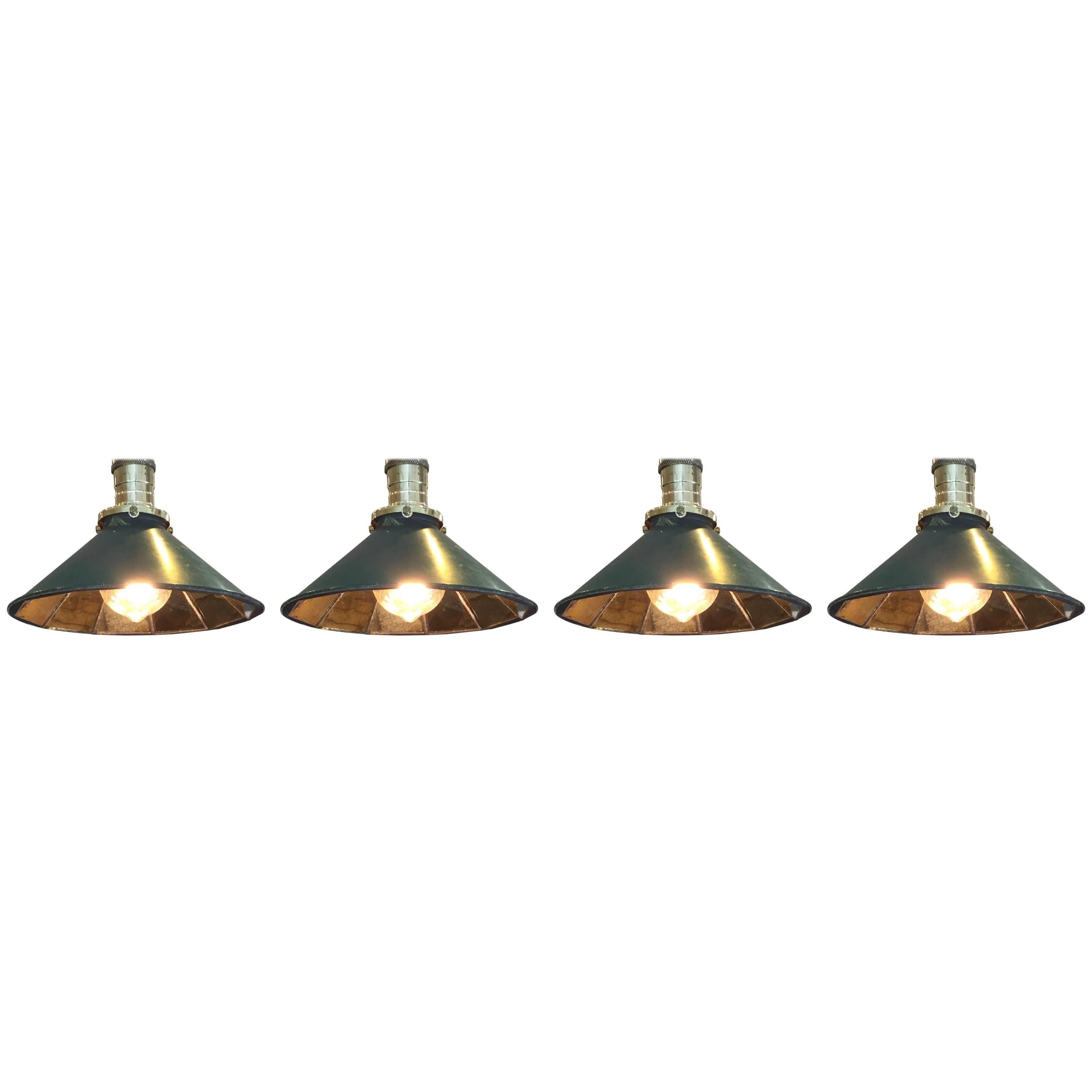 Four Small Industrial Mirrored Shade Pendants For Sale