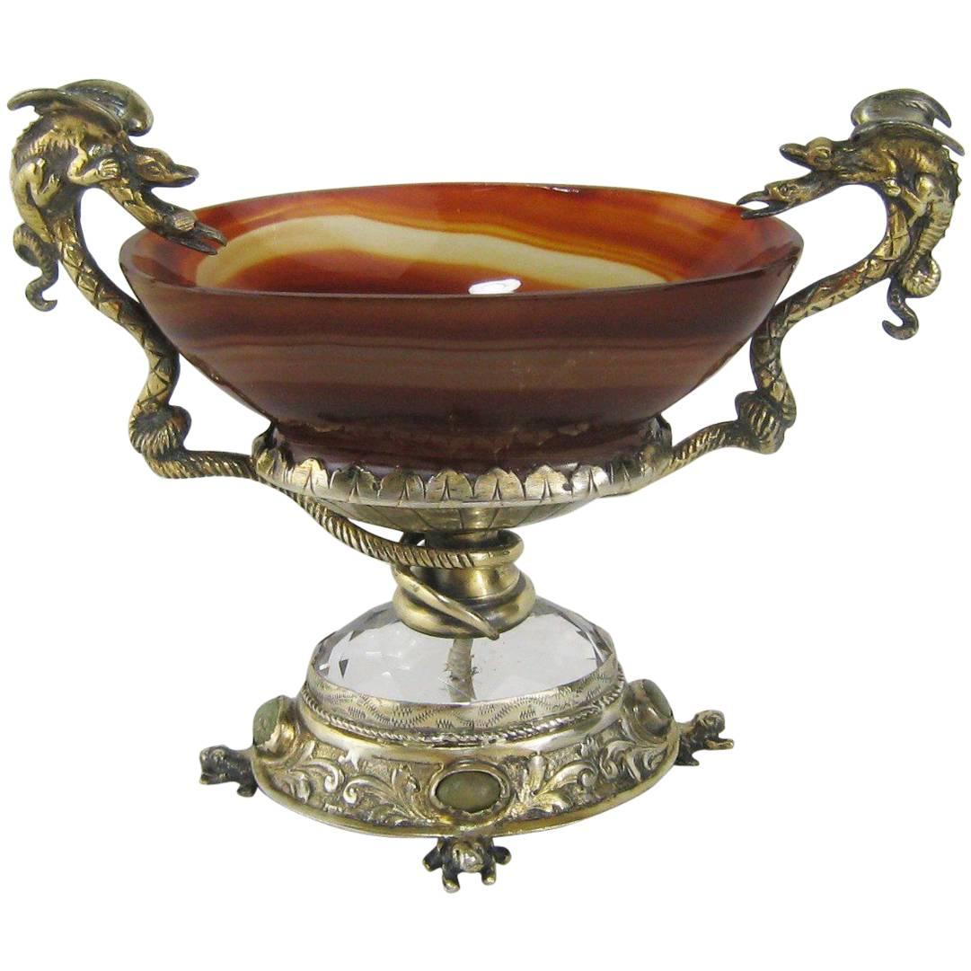 Silver Mounted Agate Pedestal Dish with Serpents and Frogs Antique Salt Cellar For Sale