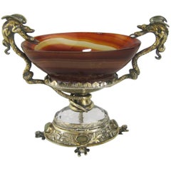 Silver Mounted Agate Pedestal Dish with Serpents and Frogs Antique Salt Cellar