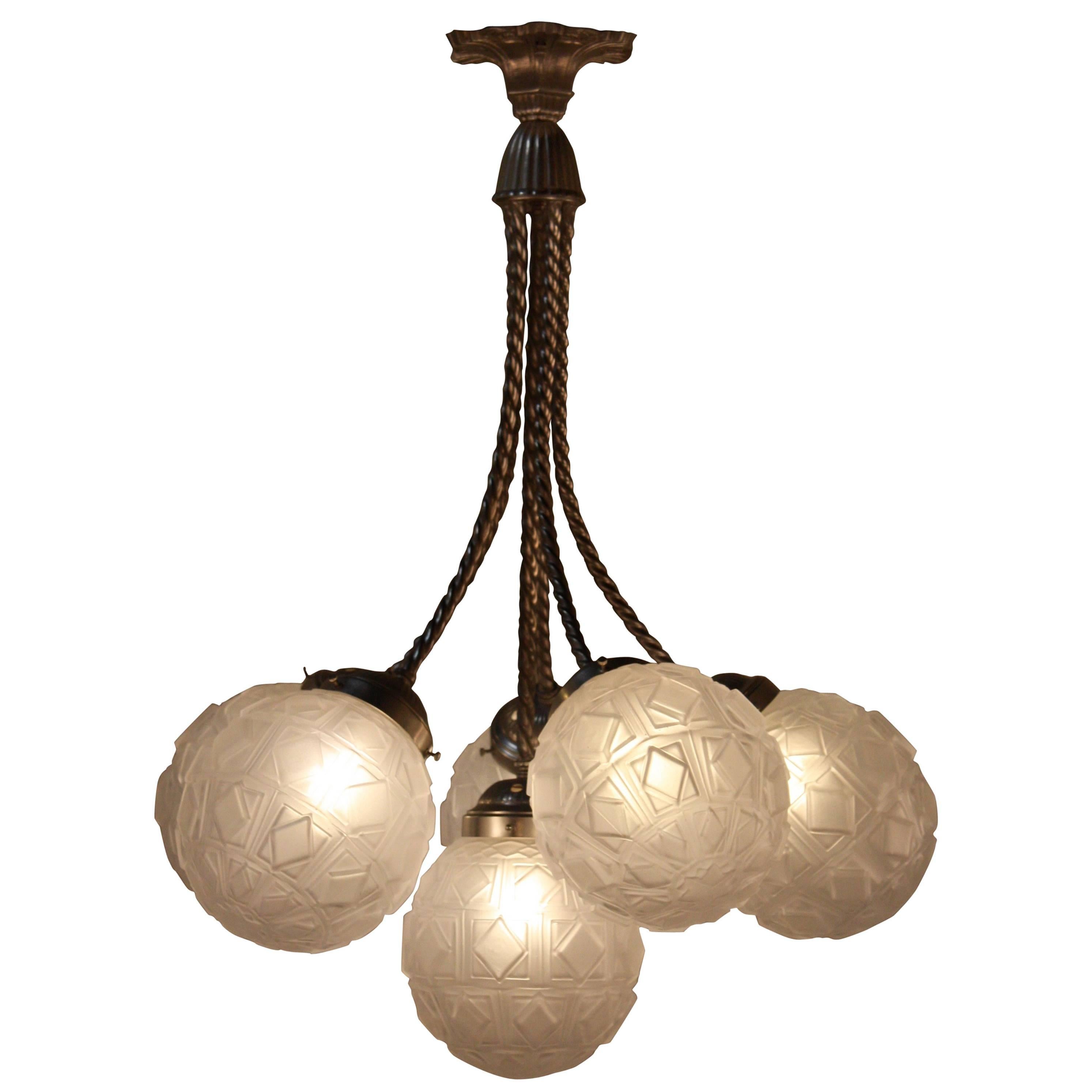 French Art Deco Chandelier with Six Glass Globe Shades