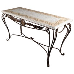 Italian Mosaic Tile Hall Table with Wrought Iron Base, 20th Century