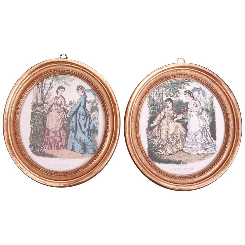 Pair of Printed and Hand Colored Fashion Plates in Antique Oval Gilt Frames For Sale