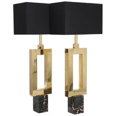 Mid-Century Modern Polished Brass Lamps in 'O' Shape with Portoro Marble Bases