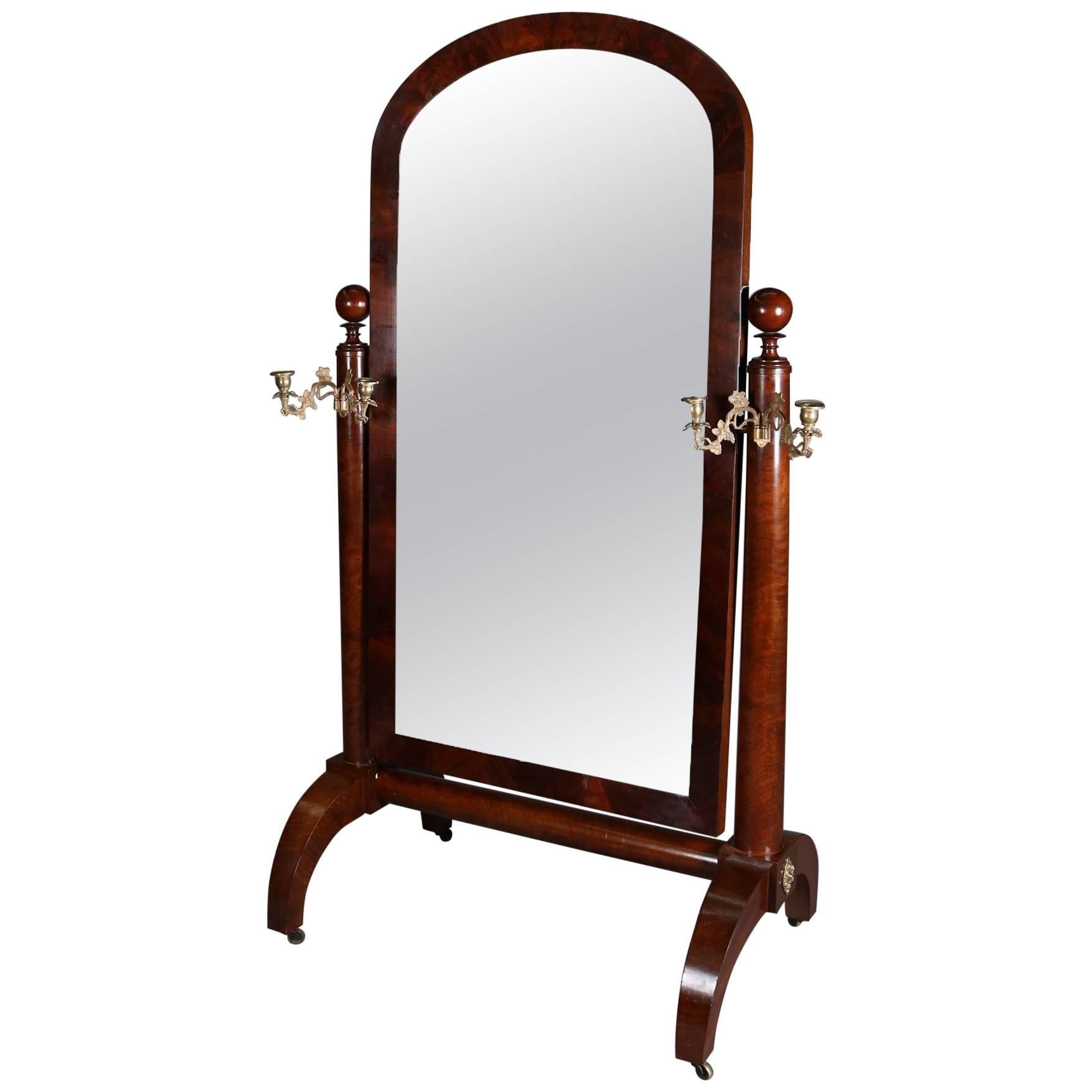 American Empire Quervelle School Flame Mahogany Cheval Mirror, 20th Century