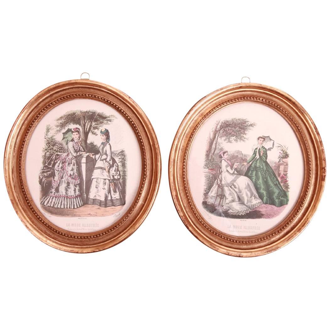 Pair of Printed and Hand Colored French Fashion Plates with Oval Gilded Frames For Sale