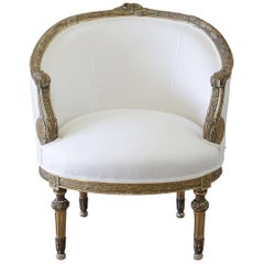 19th Century Napoleon Giltwood Barrel Chair in White Belgian Linen