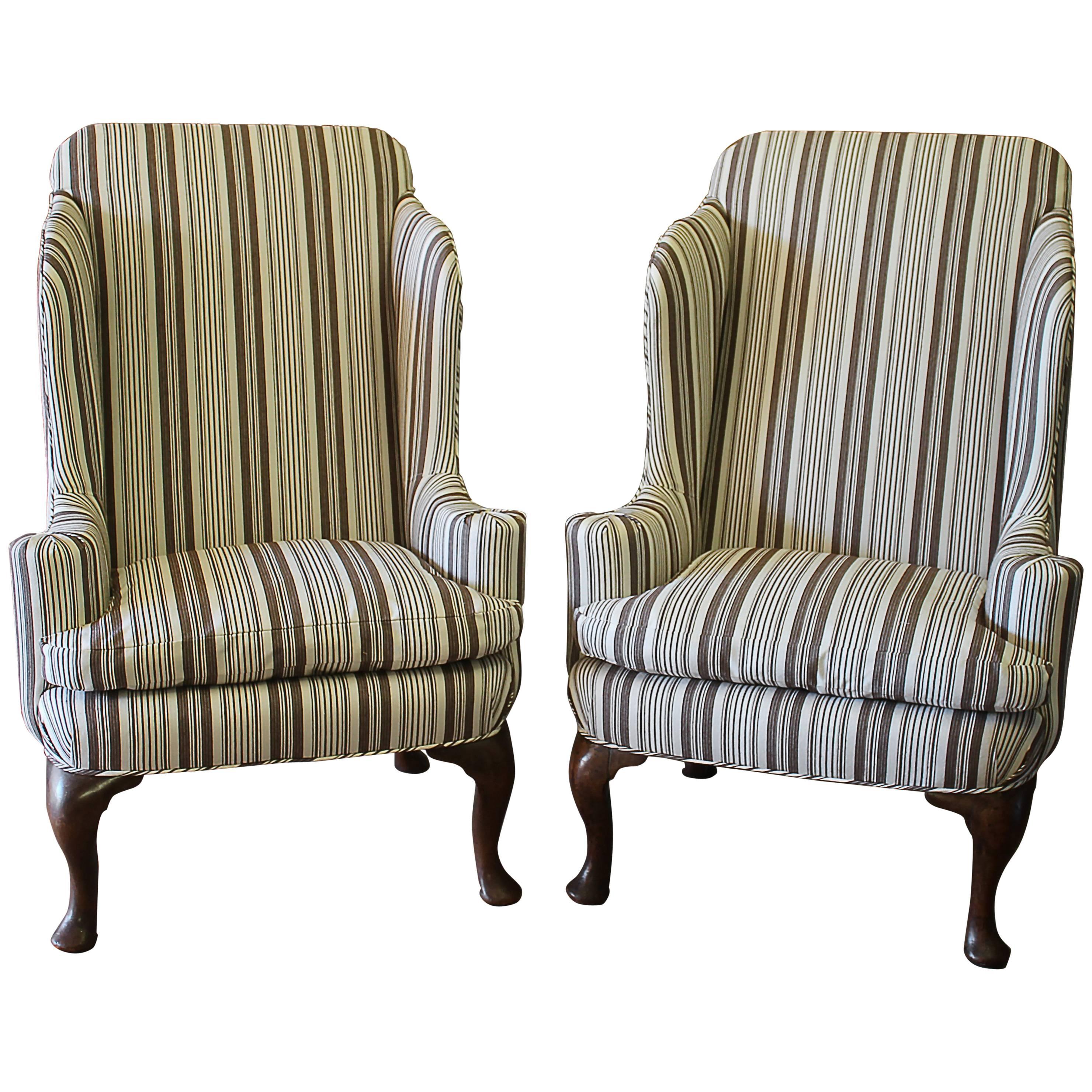 Midcentury Pair of Queen Anne Style Wing Chairs in Brown Ticking Stripe