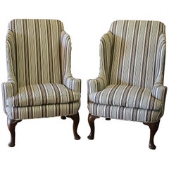 Vintage Midcentury Pair of Queen Anne Style Wing Chairs in Brown Ticking Stripe
