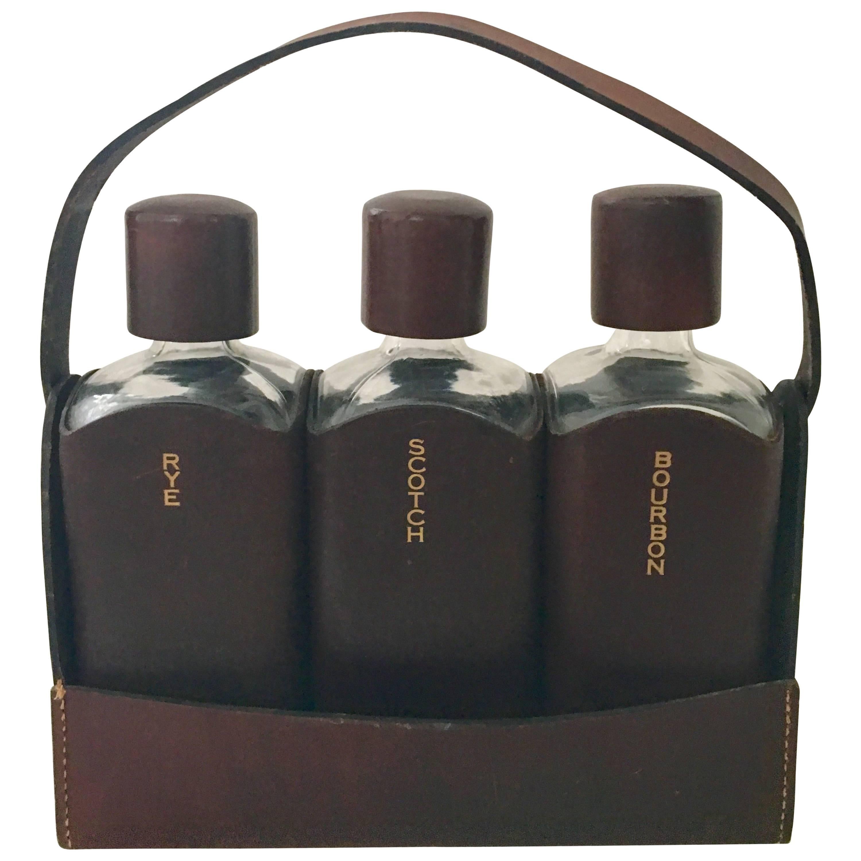 20th Century English Leather Wrapped Glass Liquor Bottles & Caddie By Albro, 