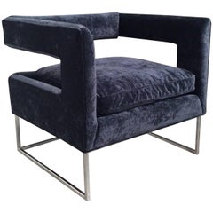 Restored Open Back Mid-Century Modern Chrome and Blue Velvet Chair by Flair Inc