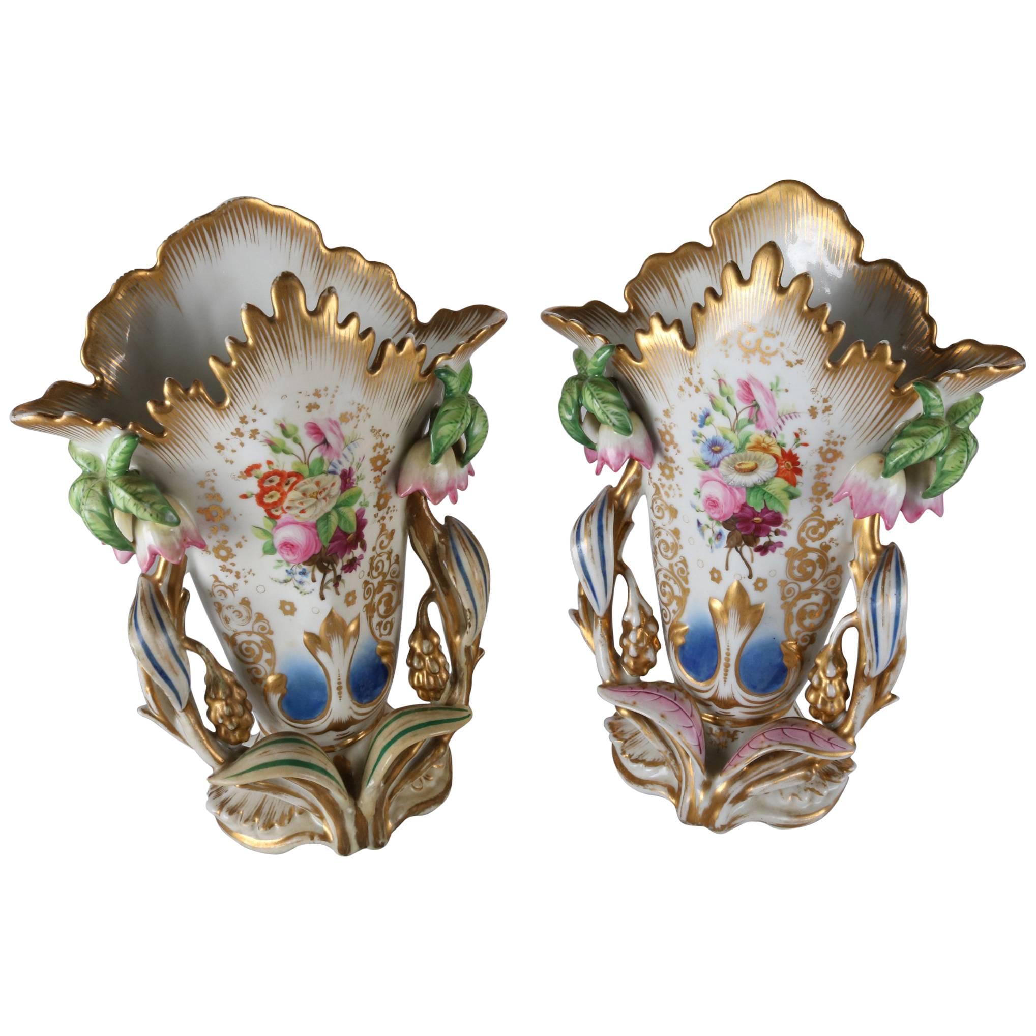 Pair of Antique Vieux Paris Hand-Painted & Gilt Porcelain Spill Vases