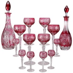 14-Piece Cranberry Glass Cut to Clear Decanter and Stemware Set, 19th Century