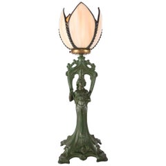 Antique Art Deco Green Figural Frankart School Woman Table Lamp, circa 1920