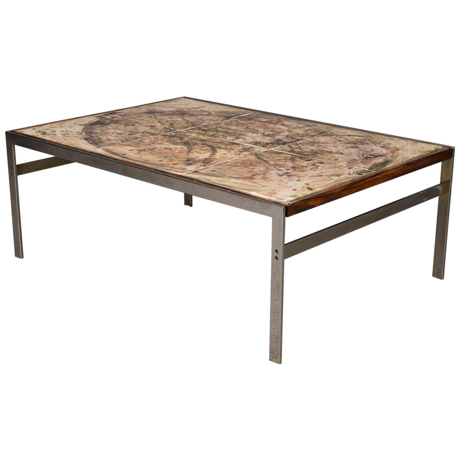 Hand-Painted Tile Coffee Table with Rosewood and Chrome Frame For Sale