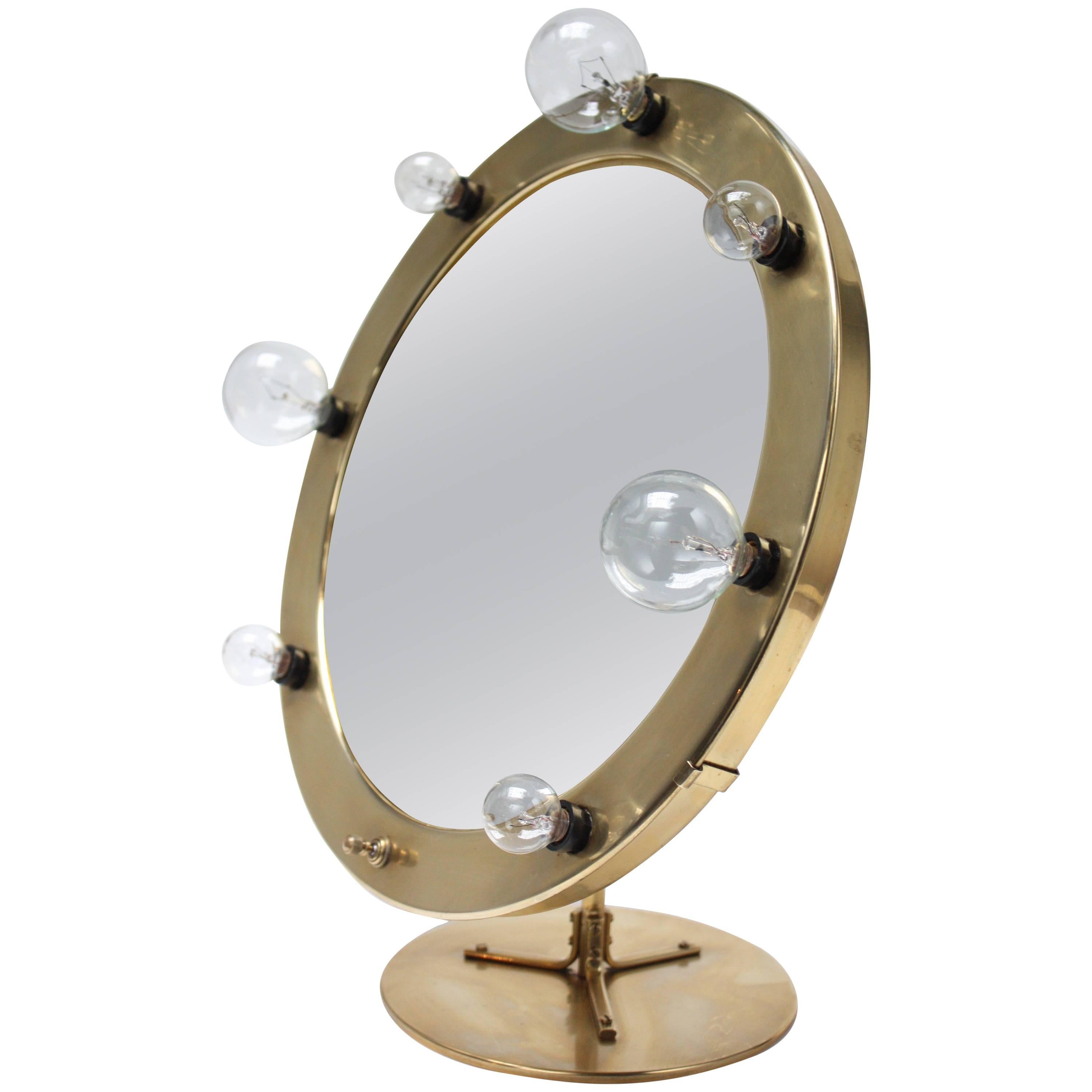West German Lighted Tabletop Vanity Mirror in Brass